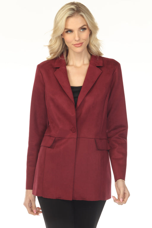 Woman wearing a red scuba suede blazer with fake flap pockets from Joseph Ribkoff