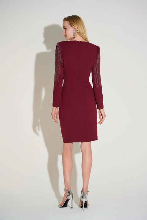 Joseph Ribkoff Merlot V-Neck Embellished Long Sleeves Sheath Dress 253752