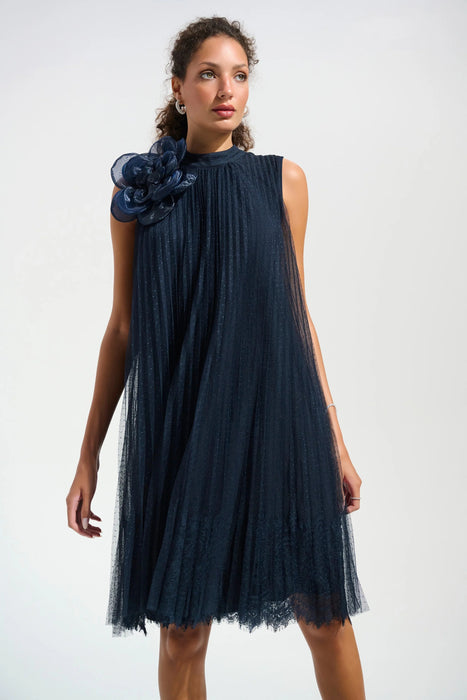 Joseph Ribkoff Midnight Blue Organza Flower Mesh A-Line Dress 261737