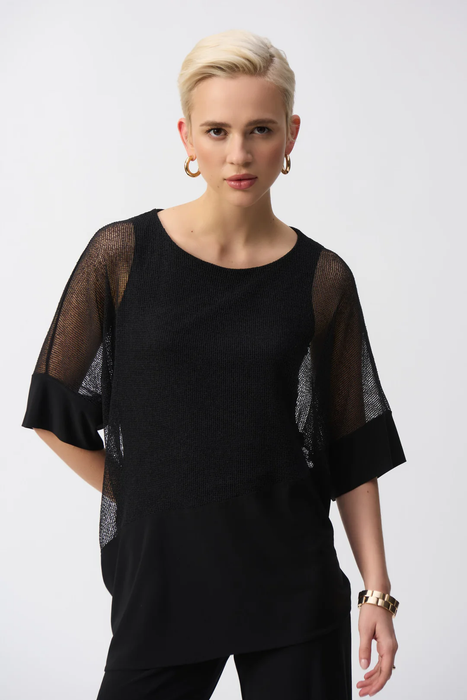 Joseph Ribkoff 251092 Black Mesh Asymmetrical Short Dolman Sleeve  Top