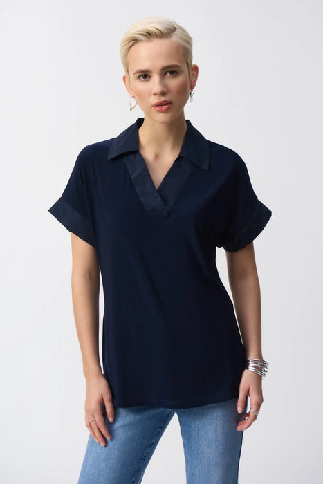 Joseph Ribkoff Style 251290 Midnight Blue Collared V-Neck Short Sleeve Top
