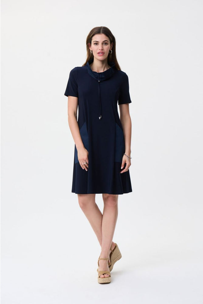 Joseph Ribkoff Style 231141 Midnight Blue Cowl Neck Short Sleeve T-Shirt Dress
