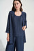 Woman wearing Joseph Ribkoff navy blue crinkle jacquard straight cover-up, featuring a textured fabric, open-front design, and elegant lightweight layering fit.