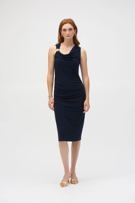 Joseph Ribkoff Style 252188 Midnight Blue Draped Neck Sleeveless Sheath Dress