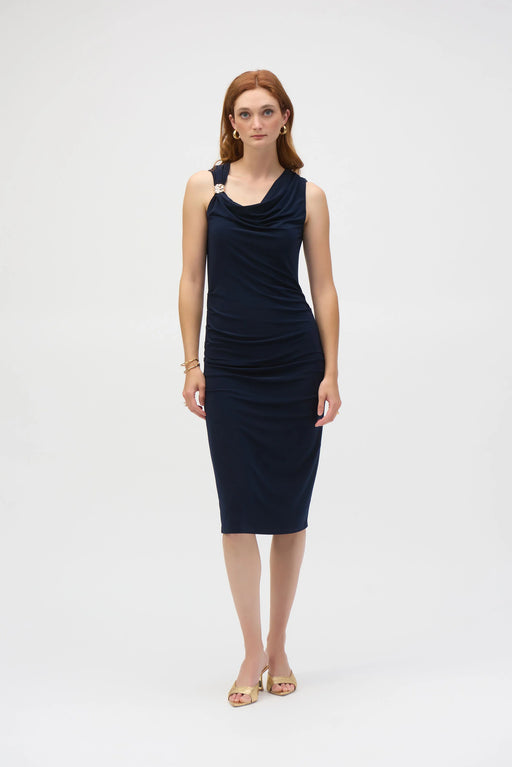 Joseph Ribkoff Style 252188 Midnight Blue Draped Neck Sleeveless Sheath Dress