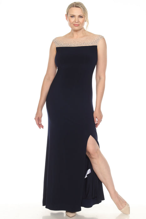 Joseph Ribkoff Style 251713 Midnight Blue Embellished Mesh Yoke Evening Dress