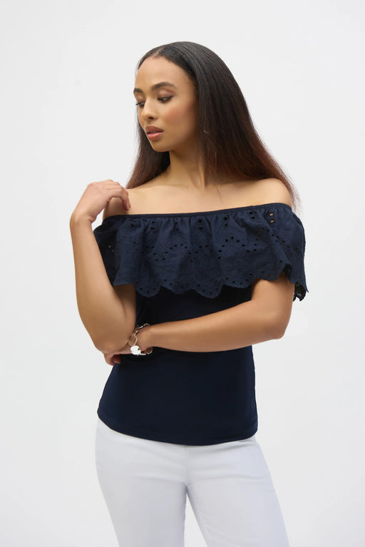 Joseph Ribkoff Style 252134 Midnight Blue Eyelet Off-Shoulder Fitted Top