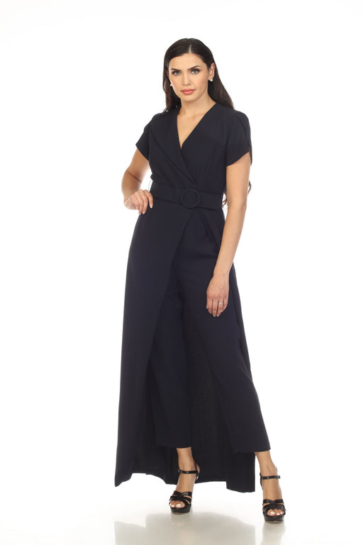 Joseph Ribkoff Style 231726 Midnight Blue Faux Wrap Belted Short Sleeve Jumpsuit