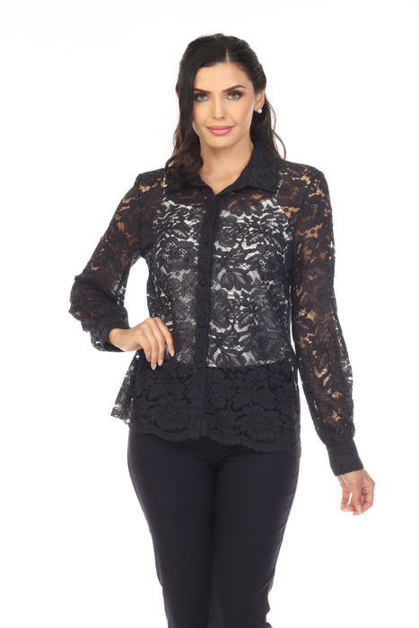 Joseph Ribkoff Style 231764 Midnight Blue Lace Button-Down Long Sleeve Blouse