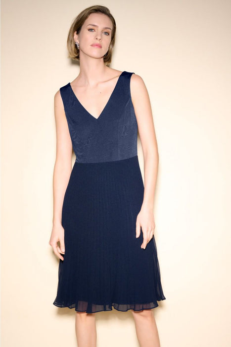 Joseph Ribkoff Midnight Blue Lace Overlay Pleated A-Line Dress 233707