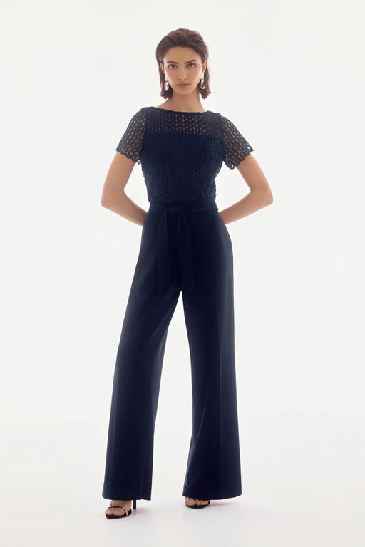 Joseph Ribkoff Style 251715 Midnight Blue Lace Top Belted Jumpsuit