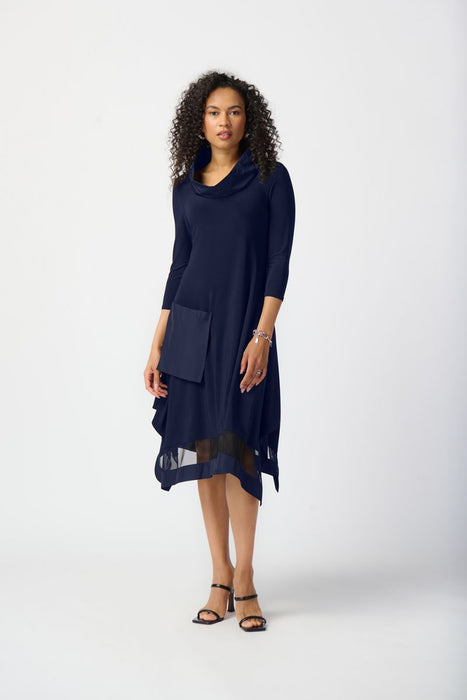 Joseph Ribkoff Style 241206 Midnight Blue Mixed Fabric Mesh Insert Handkerchief Midi Dress