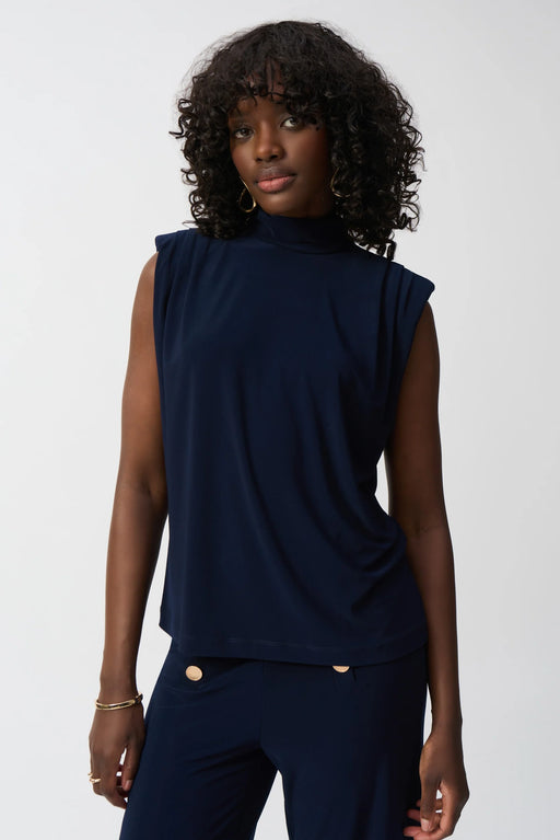 Joseph Ribkoff Style 251022 Midnight Blue Mock Neck Pleated Sleeveless Top