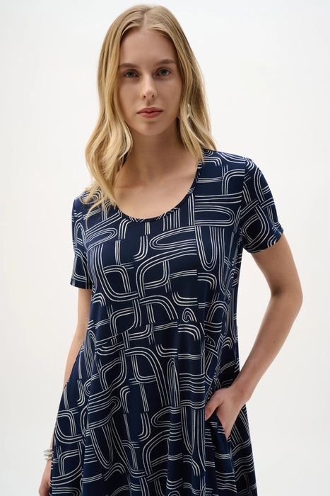 Joseph Ribkoff Midnight Blue/Moonstone Geometric Cocoon Dress 262135