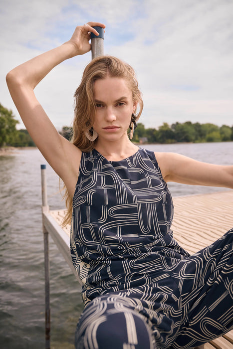 Joseph Ribkoff Midnight Blue/Moonstone Geometric Sleeveless Top 262107