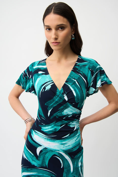 Joseph Ribkoff Midnight Blue/Multi Abstract Midi Flared Dress 261063