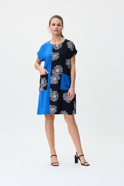 Joseph Ribkoff Style 231038 Midnight Blue/Multi Blocked Floral Short Sleeve Shift Dress