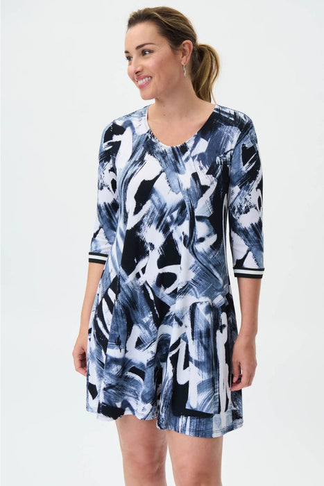 Joseph Ribkoff Midnight Blue/Multi Brushstroke Print 3/4 Sleeve Mini Dress 231112 NEW