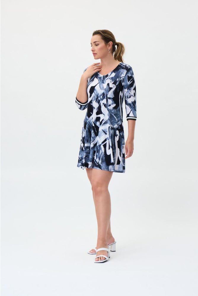 Joseph Ribkoff Style 231112 Midnight Blue/Multi Brushstroke 3/4 Sleeve Mini Dress
