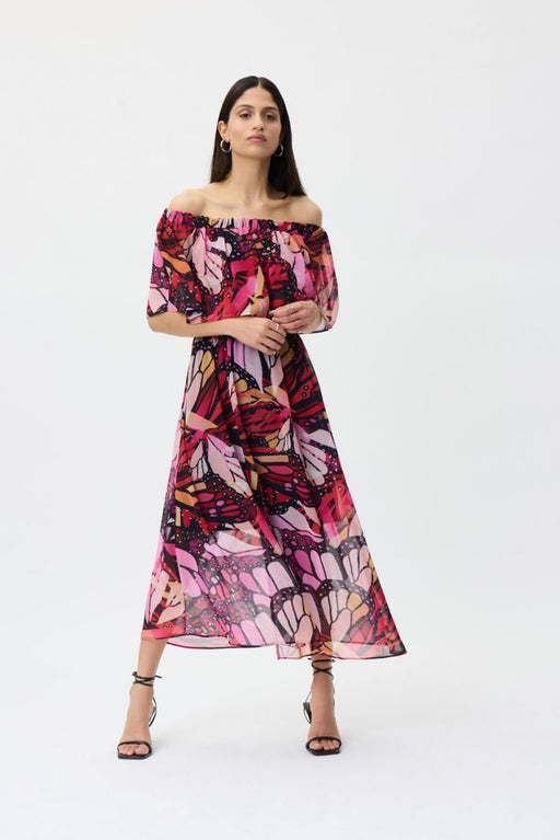 Joseph Ribkoff Style 232041 Midnight Blue/Multi Butterfly Print Off-Shoulder Maxi Dress