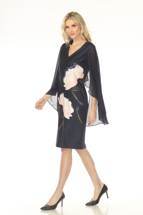 Joseph Ribkoff Midnight Blue/Multi Chiffon Cape Sleeves Floral Dress 254734