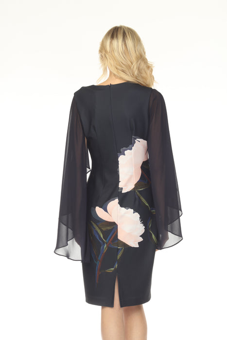 Joseph Ribkoff Midnight Blue/Multi Chiffon Cape Sleeves Floral Dress 254734