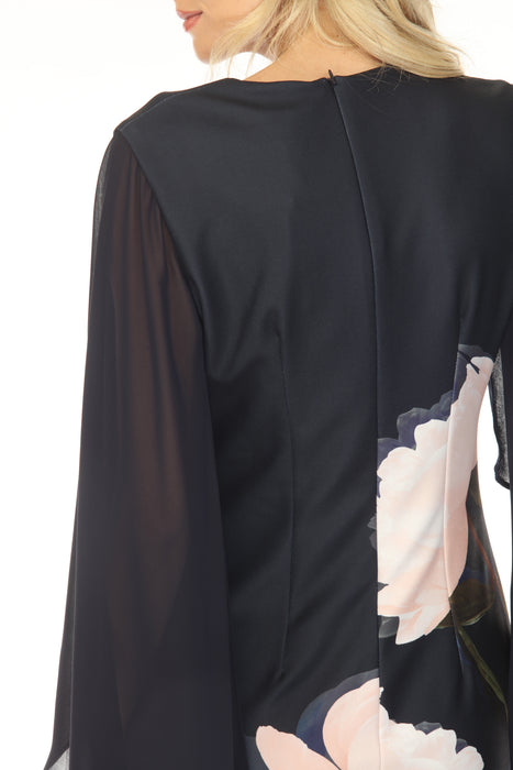 Joseph Ribkoff Midnight Blue/Multi Chiffon Cape Sleeves Floral Dress 254734
