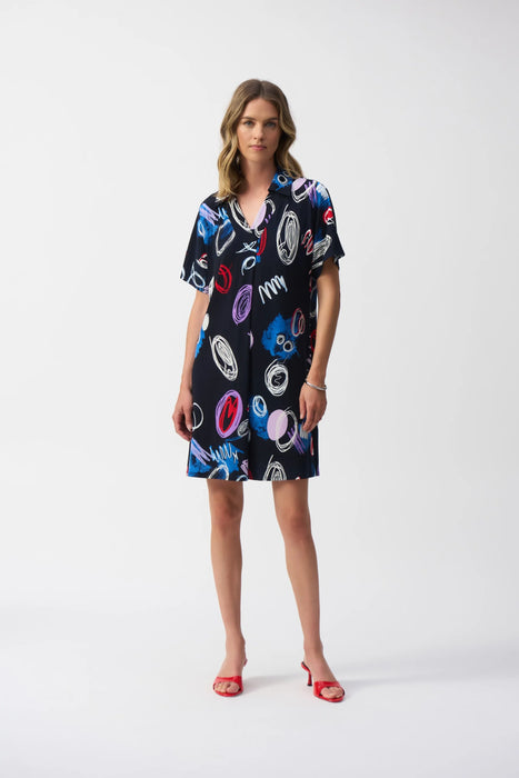 Joseph Ribkoff Style 251111 Midnight Blue/Multi Doodle Print Mini Shift Dress