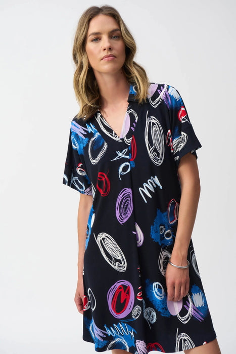 Joseph Ribkoff Midnight Blue/Multi Doodle Print Mini Shift Dress 251111