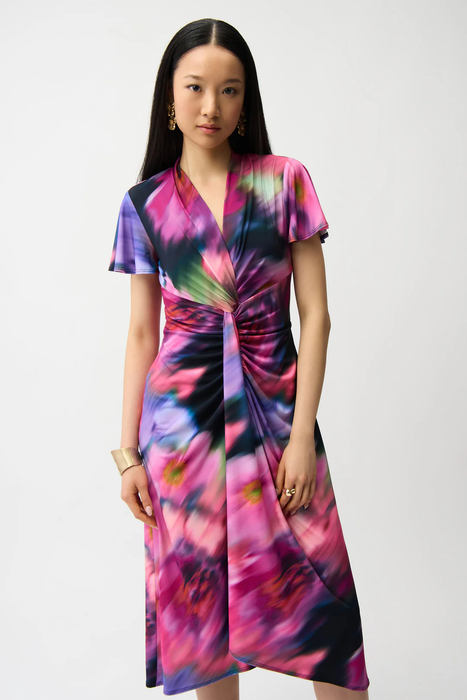 Joseph Ribkoff Midnight Blue/Multi Floral Knot Front Midi Dress 261060