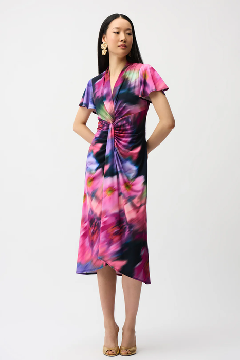 Joseph Ribkoff 261060 Midnight Blue/Multi Floral Print Hi-Low Faux Wrap Dress