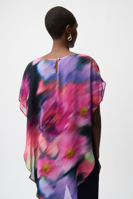 Joseph Ribkoff Midnight Blue/Multi Floral Chiffon Overlay Asymmetric Top 261281
