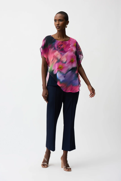 Joseph Ribkoff Midnight Blue/Multi Floral Chiffon Overlay Asymmetric Top 261281