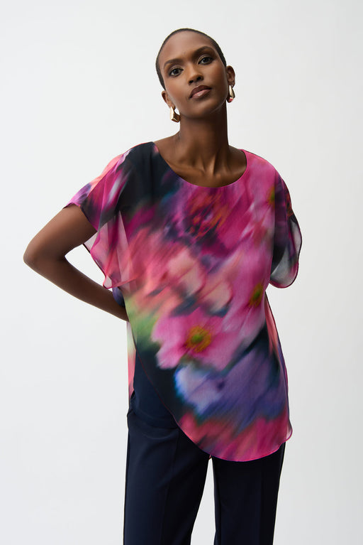 Joseph Ribkoff 261281 Midnight Blue/Multi Floral Print Short Sleeve Asymmetric Top