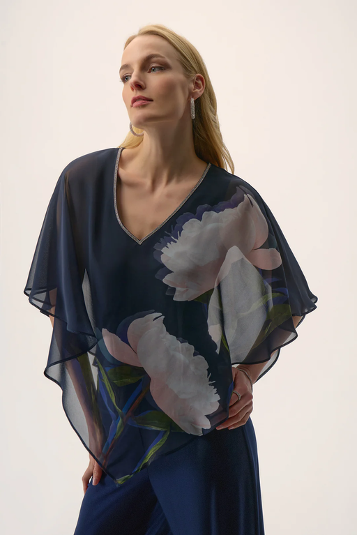 Joseph Ribkoff  254731 Midnight Blue/Multi Floral Print V-Neck Poncho Top