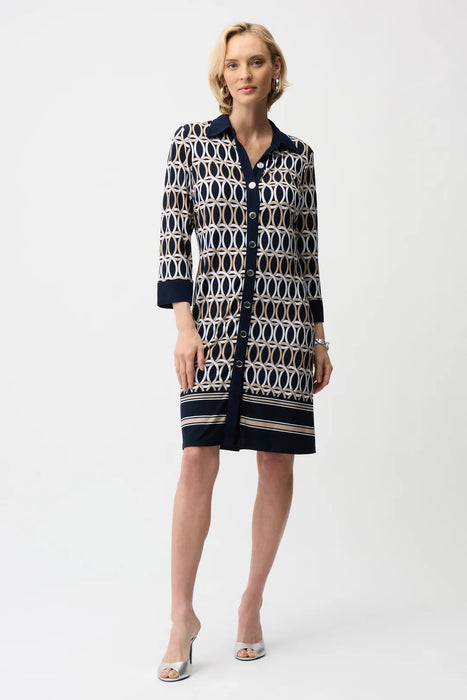 Joseph Ribkoff 261903 Midnight Blue/Multi Geometric Print A-Line Shirt Dress