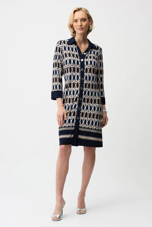 Joseph Ribkoff 261903 Midnight Blue/Multi Geometric Print A-Line Shirt Dress