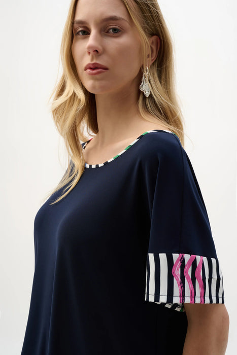 Joseph Ribkoff Midnight Blue/Multi Striped Short Sleeve Boxy Top 262121