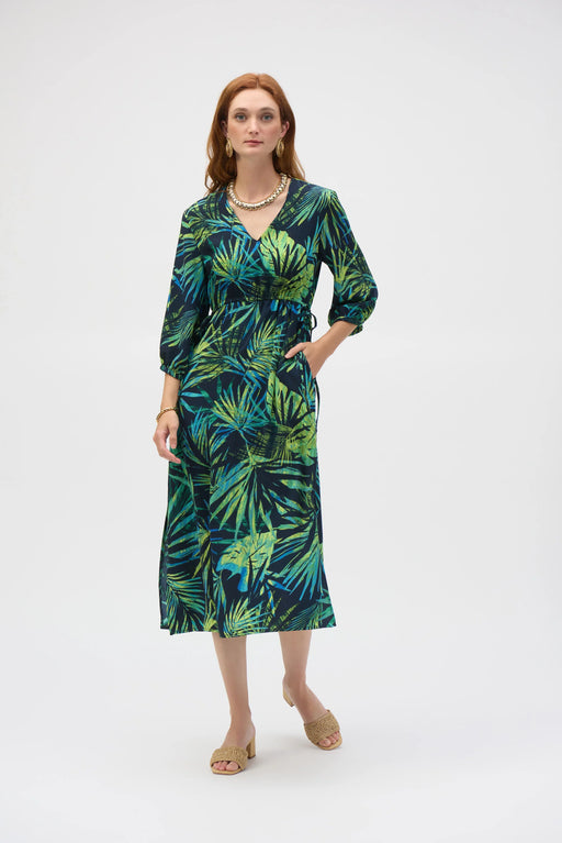 Joseph Ribkoff Style 252185 Midnight Blue/Multi Tropical Print V-Neck Midi Dress