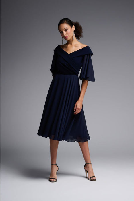 Joseph Ribkoff Style 231723 Midnight Blue Off-Shoulder Flutter Sleeve Fit & Flare Dress