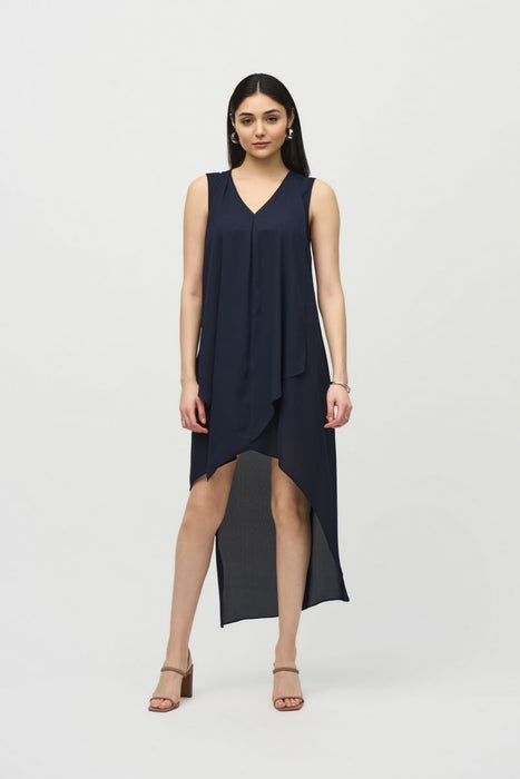 Joseph Ribkoff Style 241260 Midnight Blue Pleated V-Neck Asymmetric Hi-Low Dress