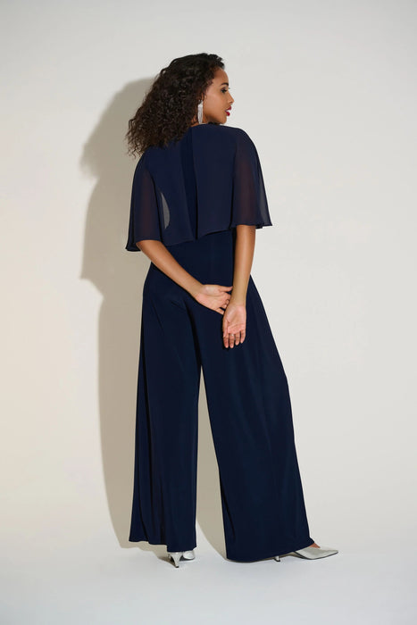 Joseph Ribkoff Midnight Blue Ruched Flutter Cape Sleeve Jumpsuit 253723