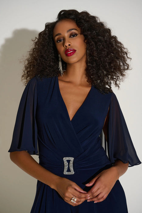 Joseph Ribkoff Midnight Blue Ruched Flutter Cape Sleeve Jumpsuit 253723