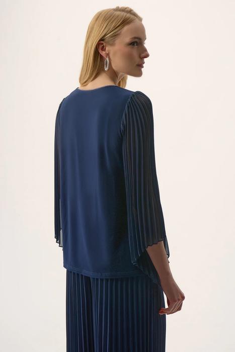 Joseph Ribkoff Midnight Blue Scoop Neck Long Pleated Sleeves Top 254725