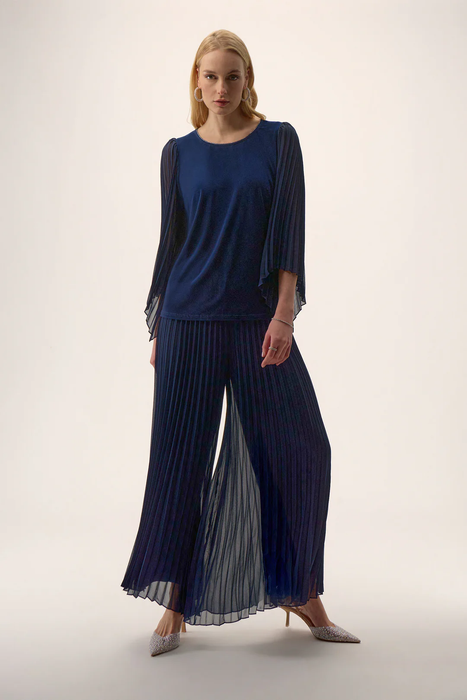 Joseph Ribkoff Midnight Blue Scoop Neck Long Pleated Sleeves Top 254725