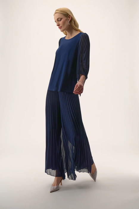 Joseph Ribkoff Midnight Blue Scoop Neck Long Pleated Sleeves Top 254725