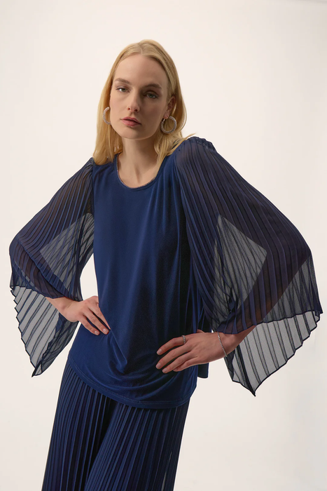 Joseph Ribkoff 254725 Midnight Blue Scoop Neck Long Pleated Sleeves Top