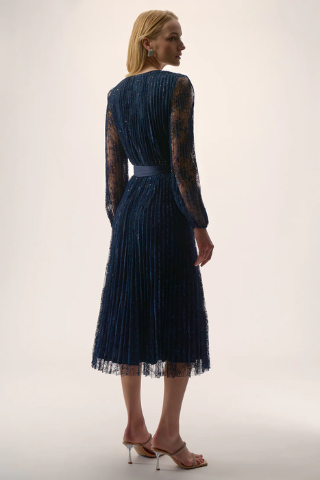 Joseph Ribkoff Midnight Blue Sequined Belted Long Lace Sleeve Fit & Flare Dress 254721