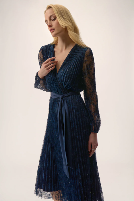 Joseph Ribkoff Midnight Blue Sequined Belted Long Lace Sleeve Fit & Flare Dress 254721