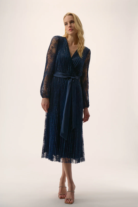 Joseph Ribkoff 254721 Midnight Blue Sequined Belted Long Lace Sleeve Fit and Flare Dress